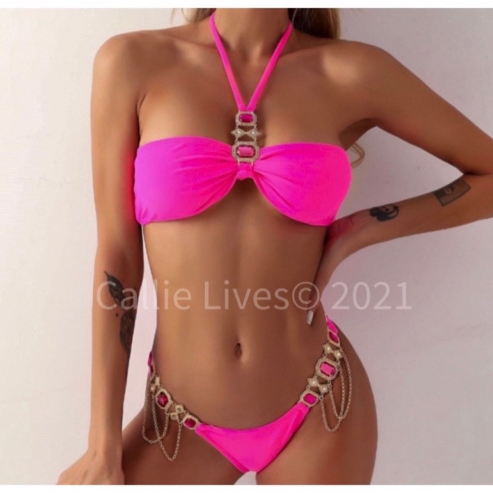 Stasia Pink:Sapphire Rhinestone Gold Chain Bikini